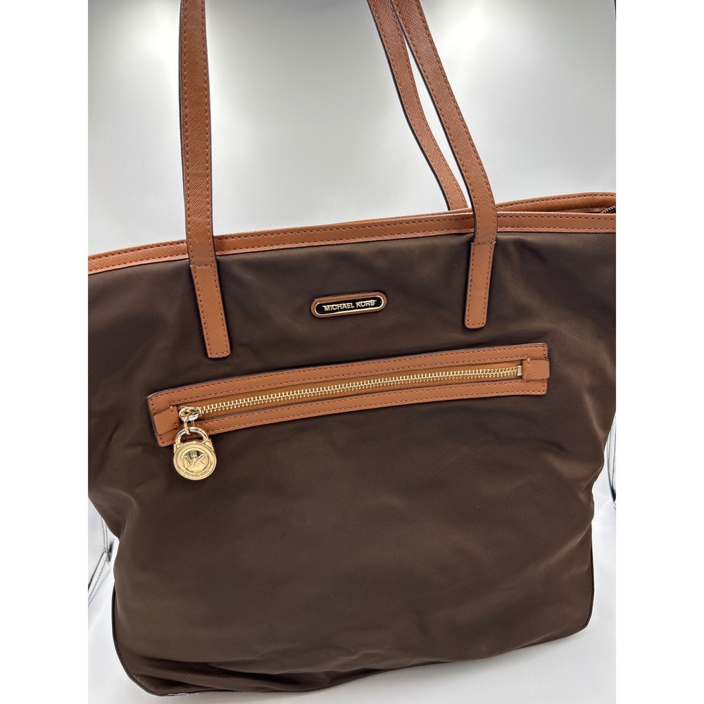 Michael Kors Kelsey Large Brown Nylon Tote Bag Tan Leather Trim Gold Hardware